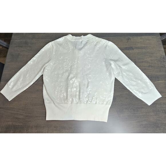 WHBM Womens Sequin Cardigan Sweater Ivory Medium 3/4 Sleeves Zip up - Picture 2 of 5